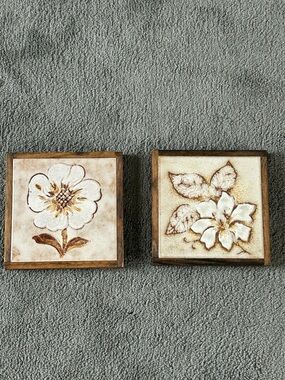VTG S. Marco Italy Ceramic Floral Flower Tile Trivet Wood Frame Rustic Set Of 2